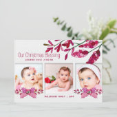 ピンクの植物のクリスマスの祝福 3枚の写真 シーズンカード (スタンド正面)