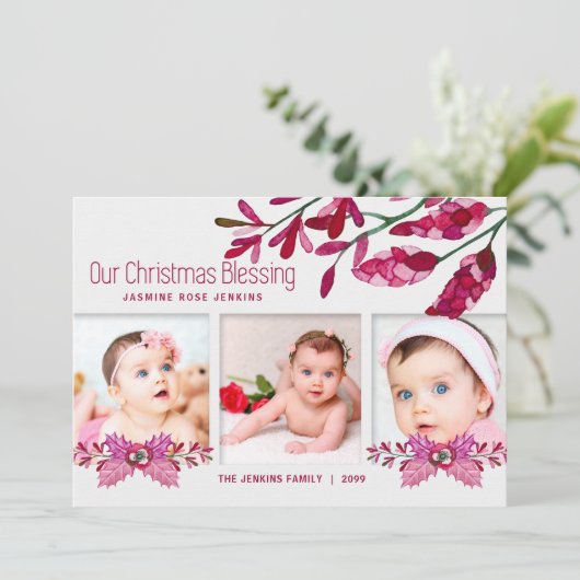 ピンクの植物のクリスマスの祝福 3枚の写真 シーズンカード (スタンド正面)