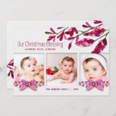 ピンクの植物のクリスマスの祝福 3 枚の写真 シーズンカード (正面/裏面)