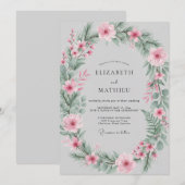 ピンクの植物の春の結婚式 招待状 (正面/裏面)