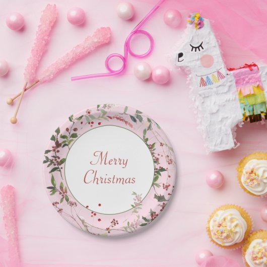 ピンクの植物性の果実と葉クリスマス ペーパープレート (パーティー)