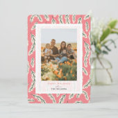 ピンクの植物柄ホリデー写真カード 招待状 (スタンド正面)