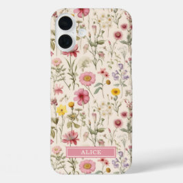 ピンクの植物水彩花柄ネーム iPhone 16 PLUSケース