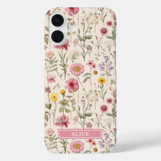 ピンクの植物水彩花柄ネーム Case-Mate iPhoneケース (裏面)