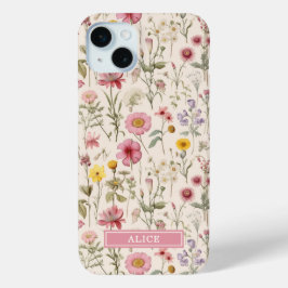 ピンクの植物水彩花柄ネーム iPhone 15 MINIケース