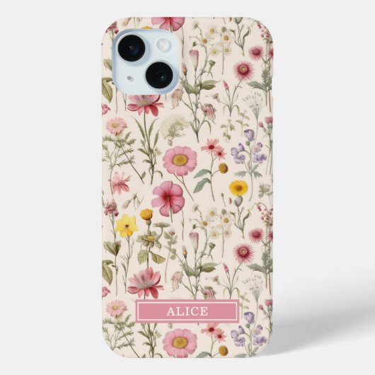 ピンクの植物水彩花柄ネーム Case-Mate iPhoneケース (裏面)