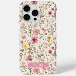ピンクの植物水彩花柄名前 iPhone 15 PRO MAXケース