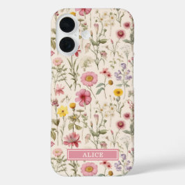 ピンクの植物水彩花柄名前 iPhone 16ケース