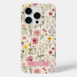 ピンクの植物水彩花柄名前 iPhone 15 PROケース