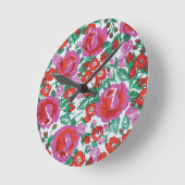 ピンクの植物花の模様 ラウンド壁時計 (傾斜)