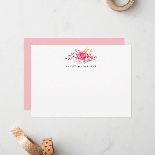ピンクの植物花束文具パーソナライズされた具 ノートカード (正面/裏面インサイチュ)