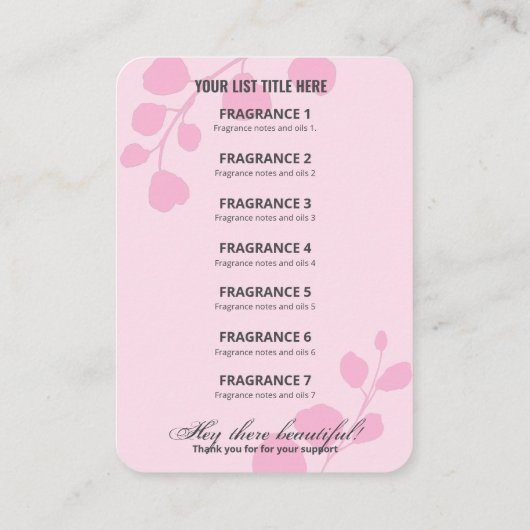 ピンクの植物製品価格リストカード 名刺 (裏面)