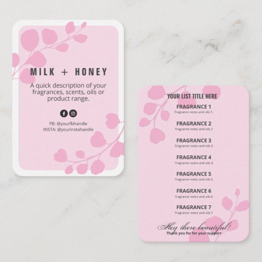 ピンクの植物製品価格リストカード 名刺 (正面/裏面)