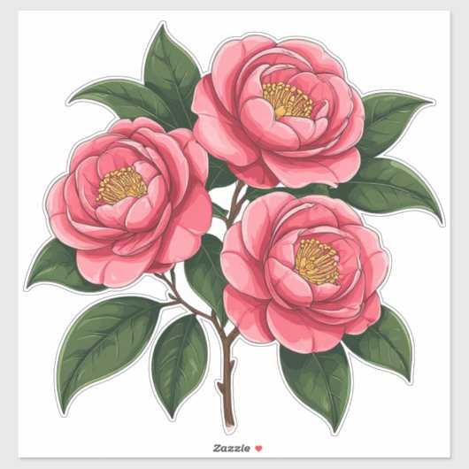 ピンクの椿の花と緑の葉 シール (シート)