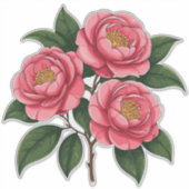 ピンクの椿の花と緑の葉 シール (正面)