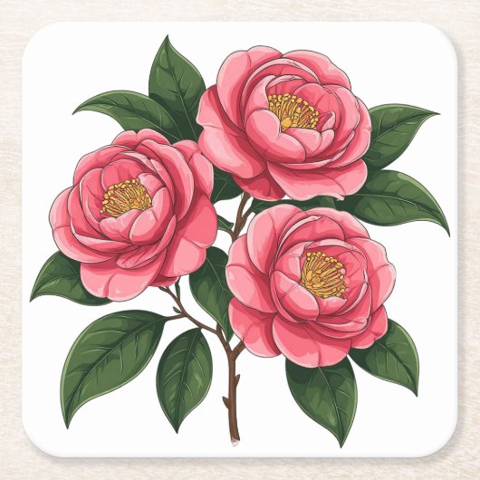 ピンクの椿の花と緑の葉 スクエアペーパーコースター (正面)