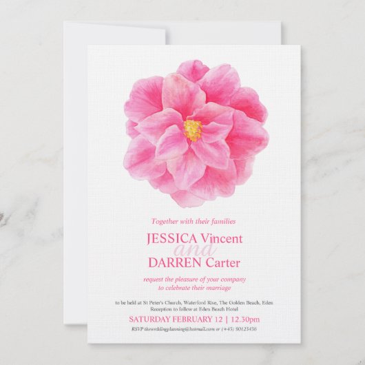 ピンクの椿の花の水結婚色の写真 招待状 (正面)