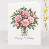 ピンクの椿の花 誕生日 カード (黄色い花)