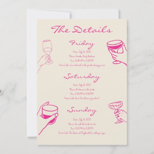 ピンクの楽しいビーチでの花嫁のお別れウィークエンド招待状 招待状 (裏面)