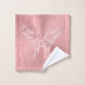 ピンクの様式化された蝶の丸い尾、エンボスの外観 バスタオルセット (ウォッシュタオル)