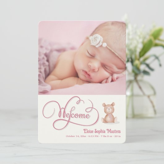 ピンクの歓迎の書道誕生のお知らせ 案内状 (スタンド正面)