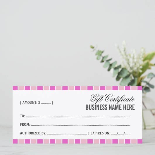 ピンクの正方形のギフト証明書 (スタンド正面)