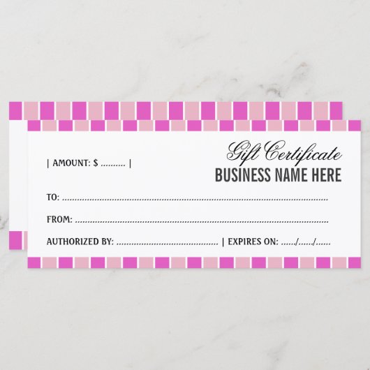 ピンクの正方形のギフト証明書 (正面/裏面)