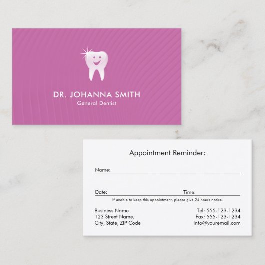 ピンクの歯科医師笑顔の歯の歯科アポイントメント 予約カード (正面/裏面)