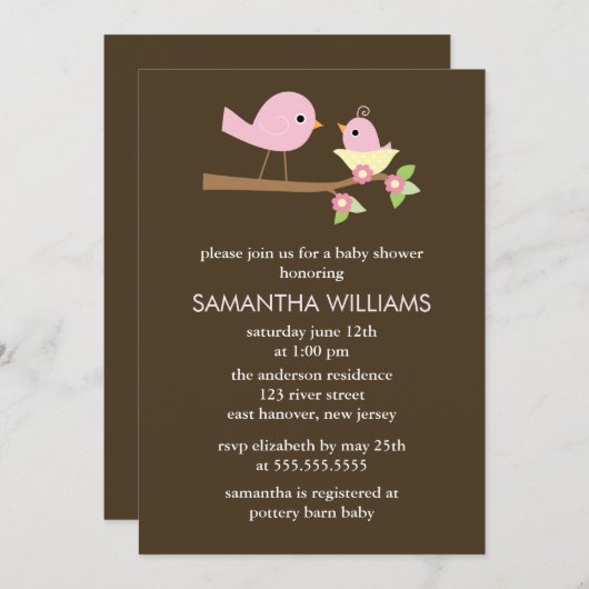 ピンクの母とベビーの鳥が巣の赤ん坊のシャワーに 招待状 (正面/裏面)