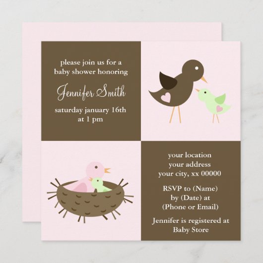 ピンクの母とベビーの鳥の赤ちゃんシャワー 招待状 (正面/裏面)