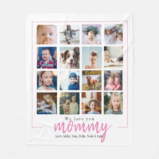ピンクの母親ギフト写真のコラージュスクリプト フリースブランケット (正面)