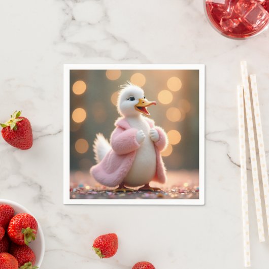 ピンクの毛皮のコートの白いアヒル スタンダードカクテルナプキン (インサイチュ)