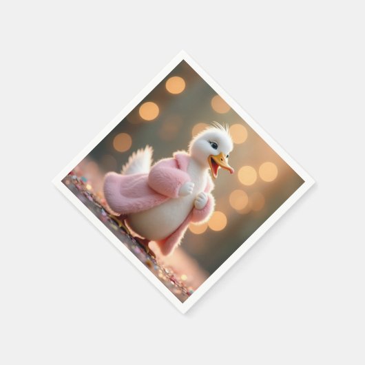 ピンクの毛皮のコートの白いアヒル スタンダードカクテルナプキン (角)