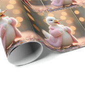 ピンクの毛皮のコートの白いアヒル ラッピングペーパー (ロールコーナー)
