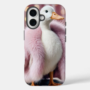 ピンクの毛皮のコートを着たホワイトアヒル iPhone 16ケース