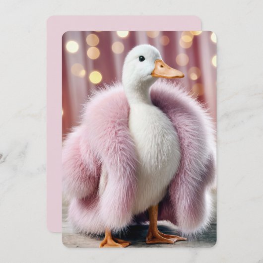 ピンクの毛皮のコートを着た誕生日パーティーのアヒル 招待状 (正面/裏面)