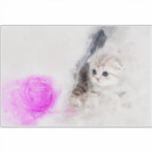 ピンクの毛糸の玉で遊ぶ子猫の水彩画 シール (正面)