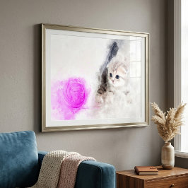 ピンクの毛糸の玉で遊ぶ子猫の水彩画 フォトプリント           