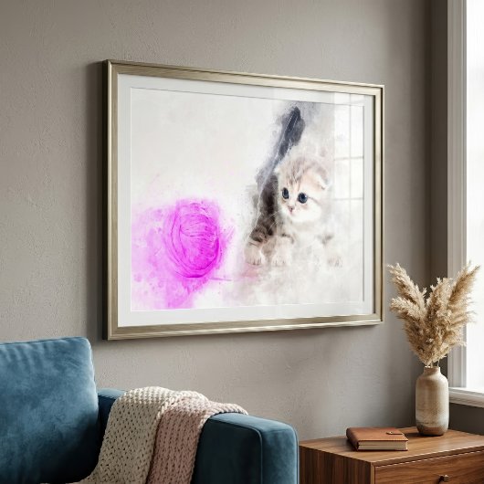 ピンクの毛糸の玉で遊ぶ子猫の水彩画 フォトプリント