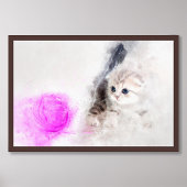 ピンクの毛糸の玉で遊ぶ子猫の水彩画 フォトプリント