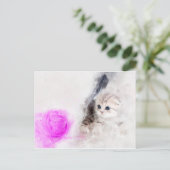 ピンクの毛糸の玉と遊ぶ子猫の水彩画 ポストカード (スタンド正面)