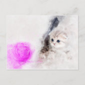 ピンクの毛糸の玉と遊ぶ子猫の水彩画 ポストカード (正面)
