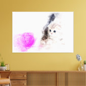 ピンクの毛糸玉で遊ぶ子猫の水彩画 キャンバスプリント (インサイチュ (リビング))