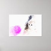 ピンクの毛糸玉で遊ぶ子猫の水彩画 キャンバスプリント (正面)