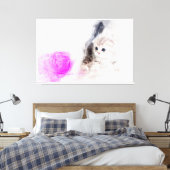 ピンクの毛糸玉で遊ぶ子猫の水彩画 キャンバスプリント (インサイチュ (寝室))