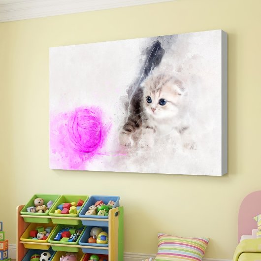ピンクの毛糸玉で遊ぶ子猫の水彩画 キャンバスプリント