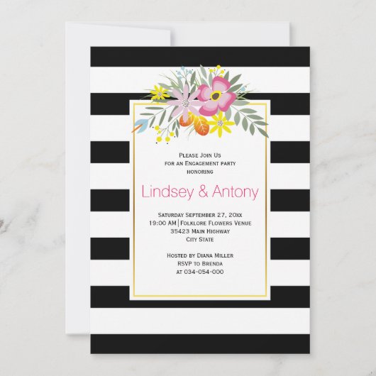 ピンクの民俗花とストライプ婚約パーティ 招待状 (正面)