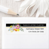 ピンクの民俗花の黒と白モダン結婚の ラベル (インサイチュ)