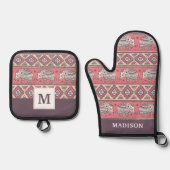 ピンクの民族象のパターン 鍋つかみ&鍋敷きセット (正面)