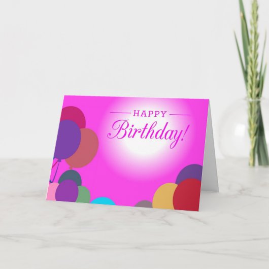 ピンクの気球のフェミニンな月のハッピーバースデーの文字 カード (正面)